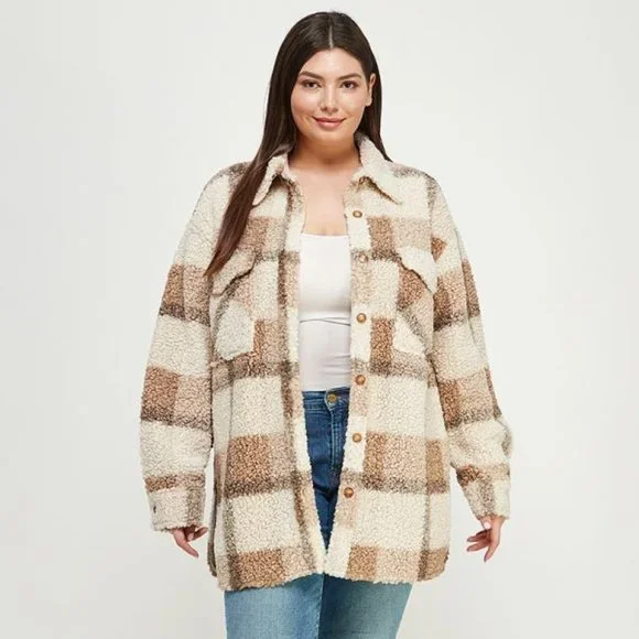 Devan Teddy Plaid Shirt Jacket - Mocha - Picture 1 of 4